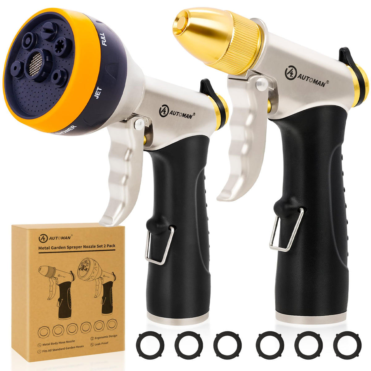 AUTOMAN Garden Hose Nozzles - High Pressure 100% Metal Hose Sprayer 2 Pack, Heavy Duty Garden Watering Nozzle Set, Powerful Garden Nozzle for Watering Plants, Window Cleaning,Washing Cars,Pets Bathing