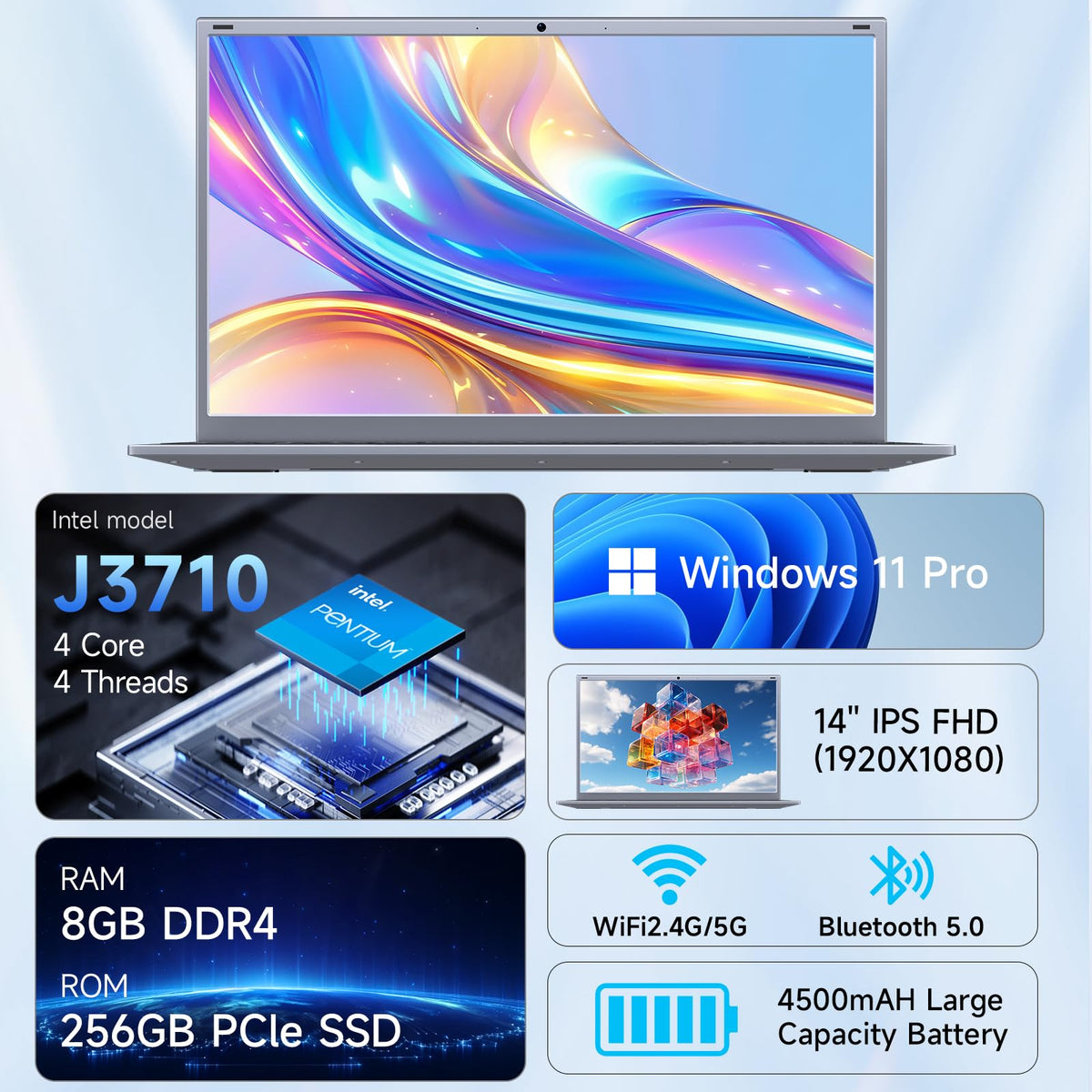 BLUEING Laptop Computer, 8GB RAM 256GB SSD Laptop, Pentium Quad-Core Processor(Up to 2.64GHz), 14-Inch 1080P FHD IPS, Wi-Fi 5, BT5.0, Win 11, Laptops for Students, Lightweight