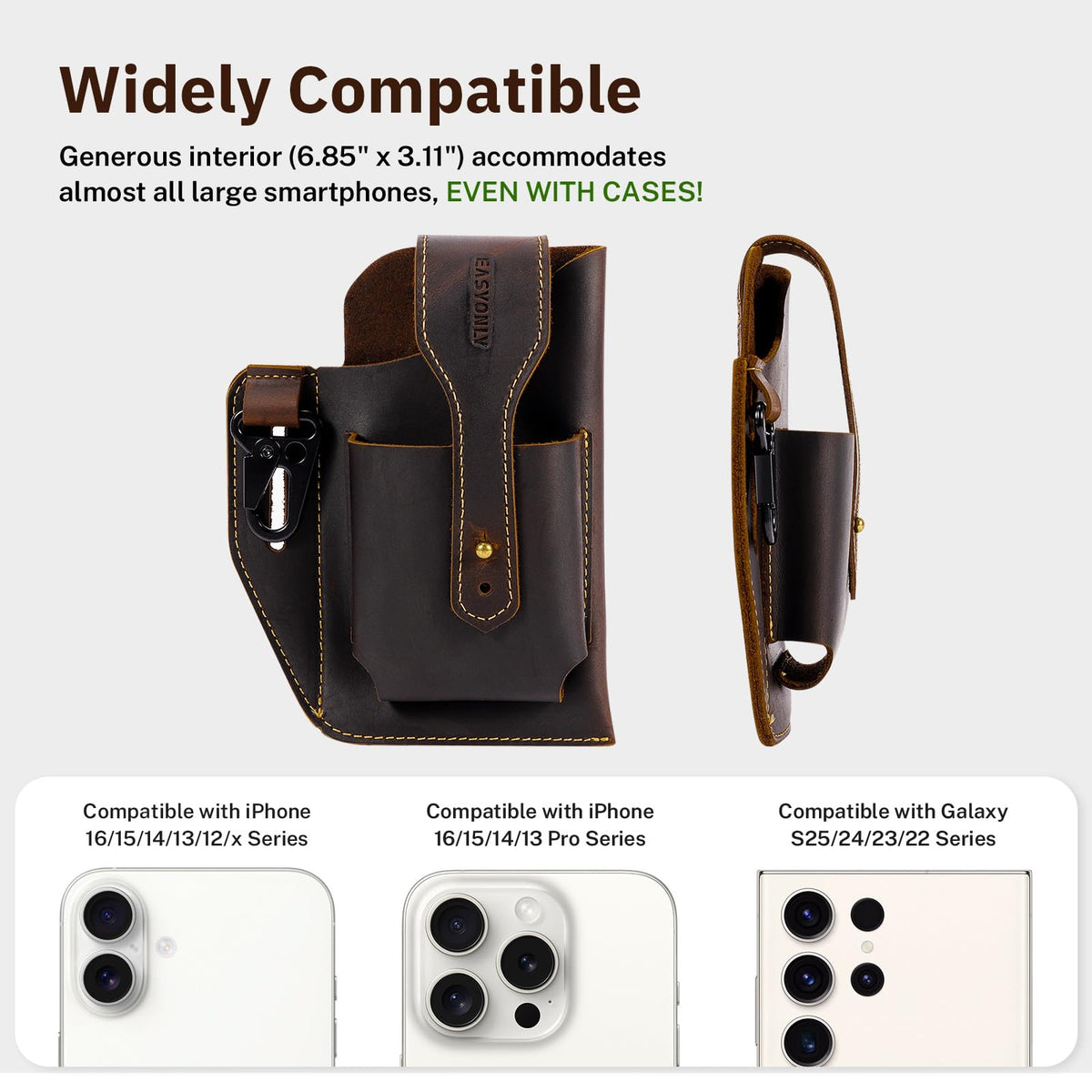 Genuine Leather Phone Holster,Universal Cell Phone Case with Snap Closure & Belt Clip, Leather Pouch for iPhone 16/15/14 Pro Max & Samsung Galaxy S24/S23 Ultra,Universal Belt Pouch for Men with Case