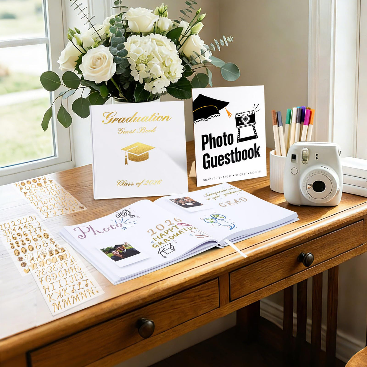 LawnIdyll 2026 Graduation Guest Book with Photo Sign Metallic Pens Stickers 144 Pages Class of 2026 Scrapbook Album Gift Memory Book for High School College Graduation Party Supplies (White)