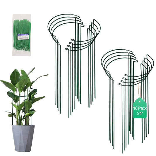Tall Heavy-Duty 24in Plant Support Stakes - 16 Pack Peony Cages & Supports for Outdoor Plants, Half-Round Garden Stakes for Hydrangea, Roses with Extension Stakes