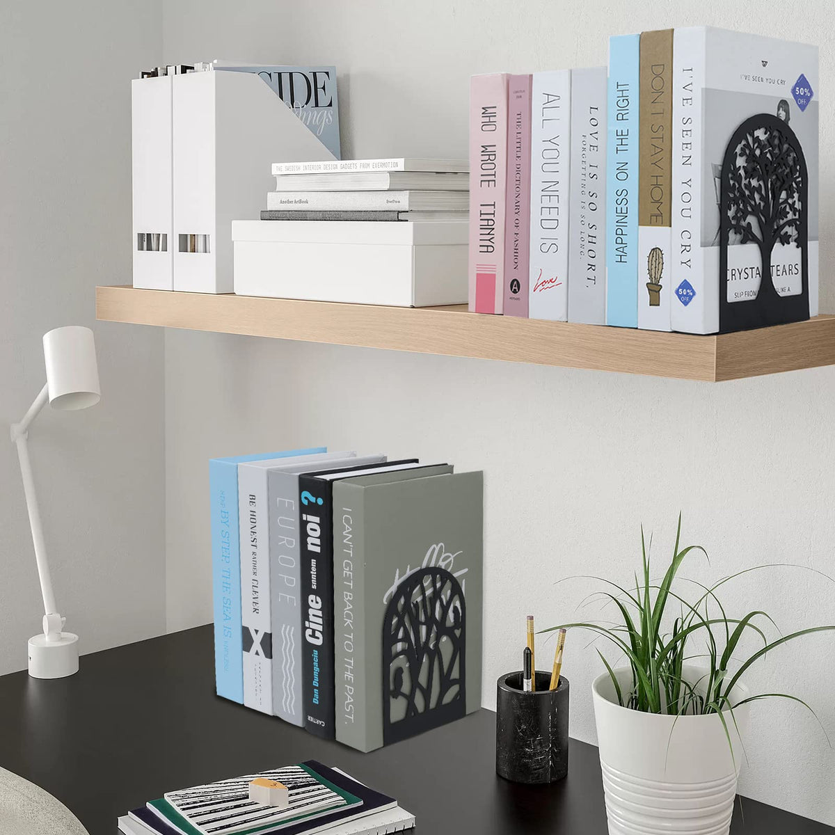 EOOUT Bookends for Shelves Decorative, 5 Pairs (10 Pack) of Tree Bookends Supports, Black Metal Book Stoppers for Heavy Books, Heavy Duty Book Ends for Home Office School.