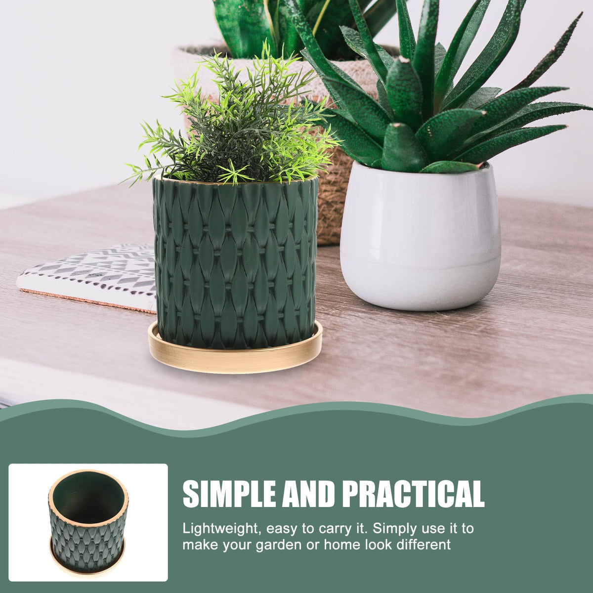 TIDTALEO European Style Cement Woven Pattern Plant Pot with Drainage Tray, Outdoor Indoor Nursery Flower Planter in Dark Emerald and Metallic Tray, Garden Planting Accessory for Patio