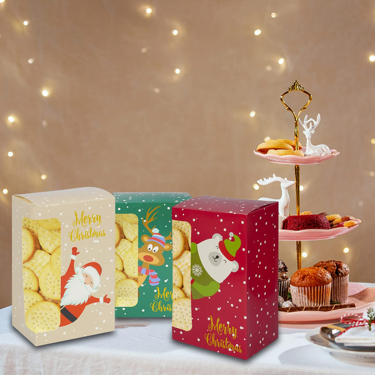 Uptotop Christmas Cookie Boxes, 24 Pcs Small Christmas Party Boxes with 6 Different Designs and Color, Xmas Bakery Pastry Boxes for Pastries, Cupcakes, Brownies, Donuts, 4" x 2.7" x 6.3"