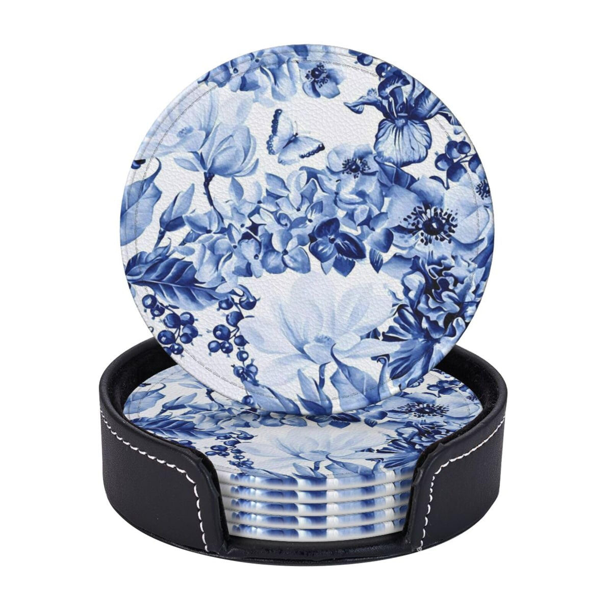 6 Pcs Blue and White Floral Leather Coasters for Drinks with Holder Coaster Sets Drink Table Cup Coasters for Living Room Kitchen Coffee Decor