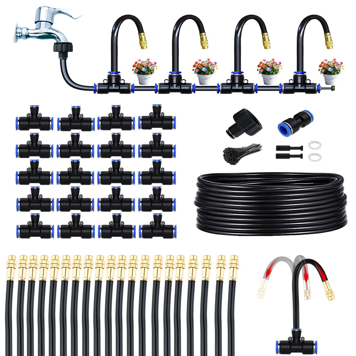 65Ft 12mm Greenhouse Drip Irrigation Kit Automatic Irrigation System 360° Adjustable 20 Brass Spray Nozzles Irrigation Tubing Hose Patio Misting Plant Watering with Blank Distribution Tubing Hose