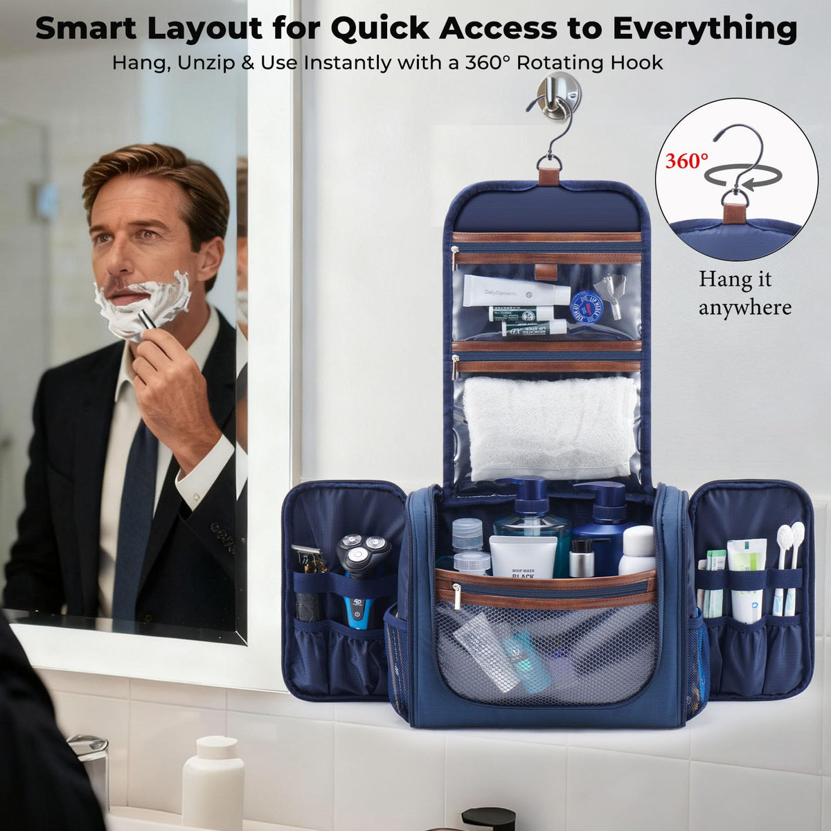 Ralnitote Large Hanging Toiletry Bag for Men, Travel Bathroom Bag with Hook, Hygiene Bag Organizer for Shower, Shaving & Grooming Essentials, Navy