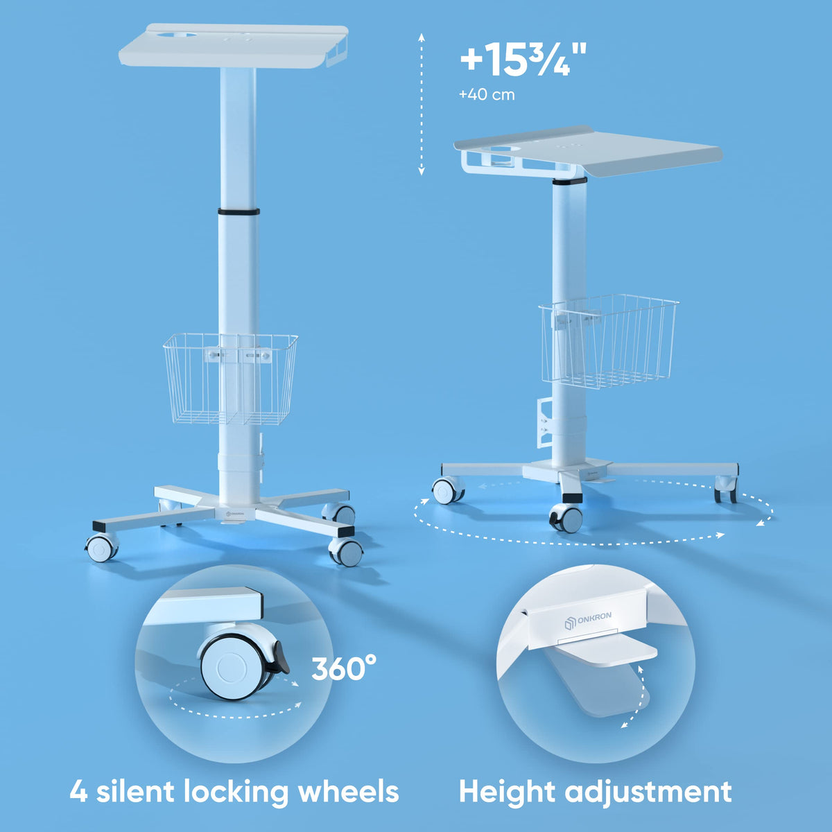 ONKRON Mobile Laptop Cart on Wheels, Load up to 17.6 lbs, Standing Rolling Desk Adjustable Height, Portable Workstation for Laptop/Small Computer Cart for Couch, Home, Office White