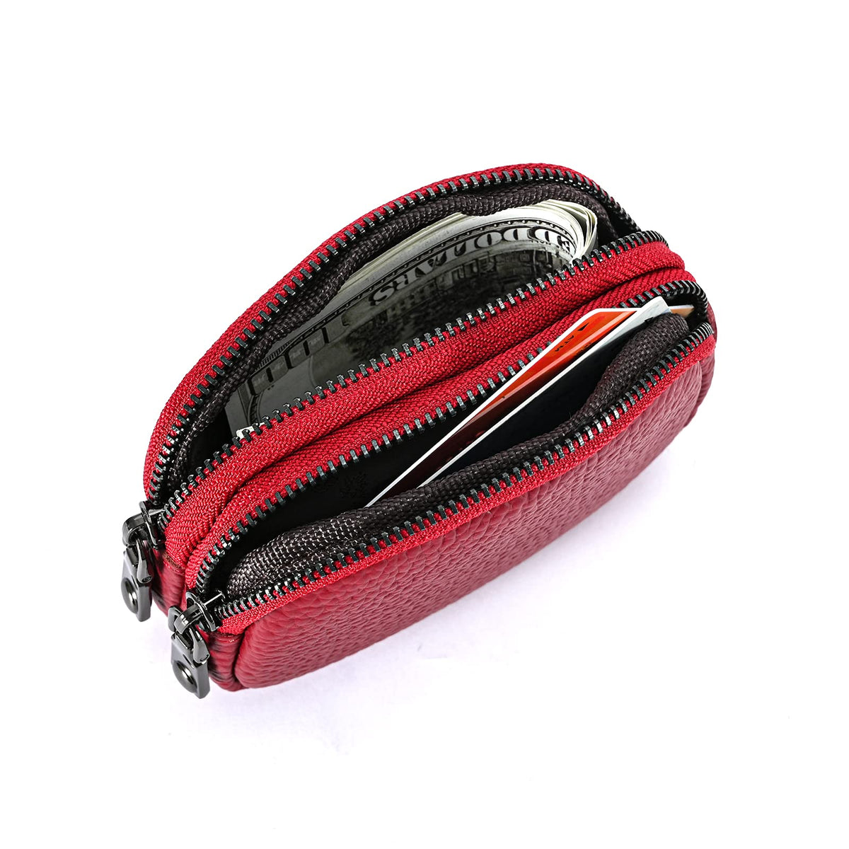 Yocipa Genuine Leather Coin Purse for Women Small Double Zipper Wallet Mini Change Pouch with Bee Charm for Cash Cards Keys Cute Compact Organizer (Wine Red)