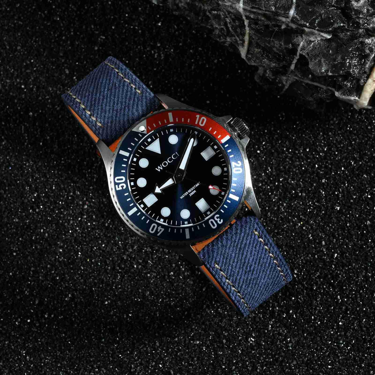 WOCCI 20mm Watch Band, Italian Leather, Denim Pattern, Golden Buckle (Denim Blue)