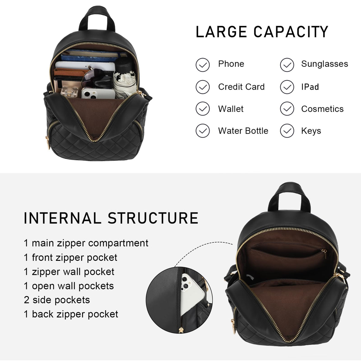 KL928 Quilted Mini Backpack for Women, PU Leather Backpack Purse Designer Satchel Bag, Small Casual Daypack for Ladies