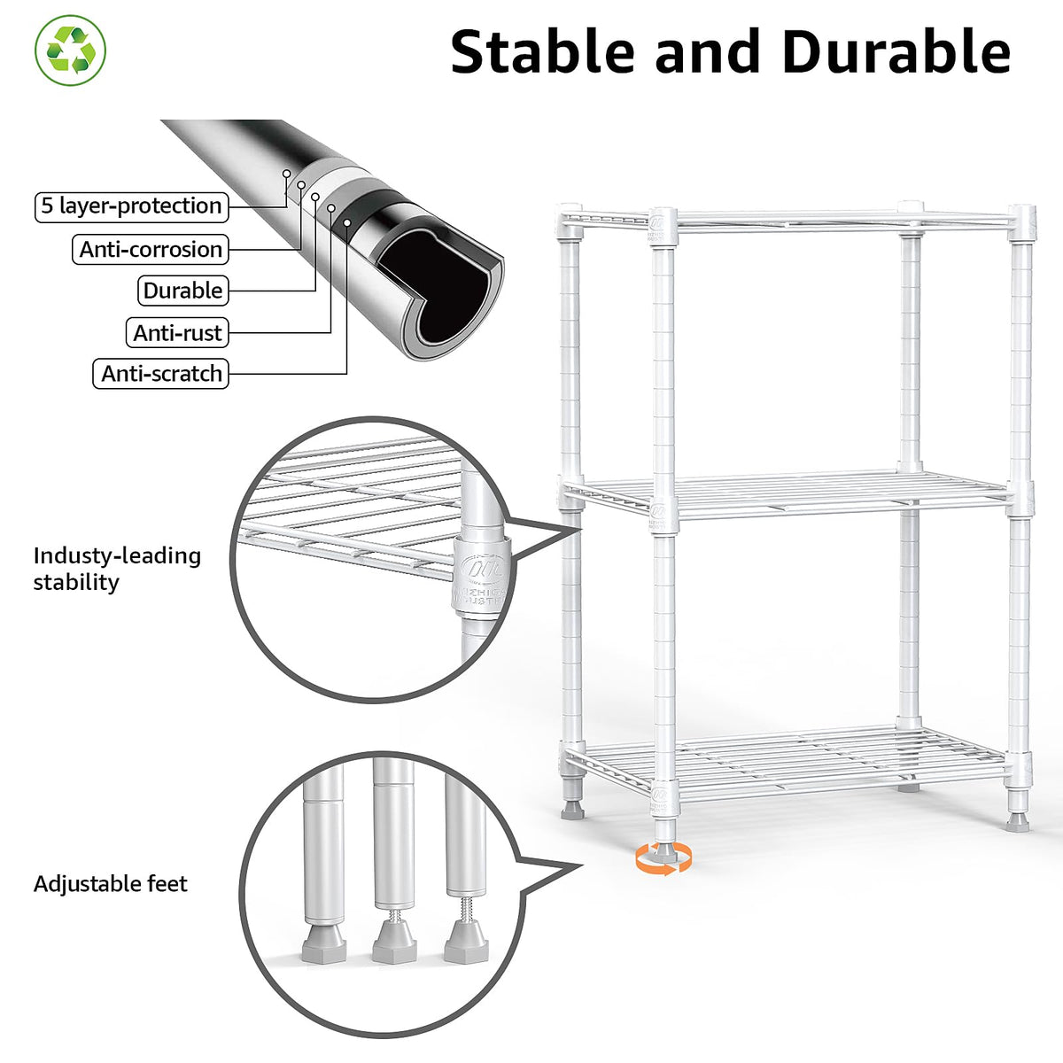 M MZG 450 lbs Wire Storage Shelving 3-Tier Utility Shelving Unit Steel Organizer Wire Rack for Home,Kitchen,Office,White (11.8" D x 17.7" W x 26.4" H)
