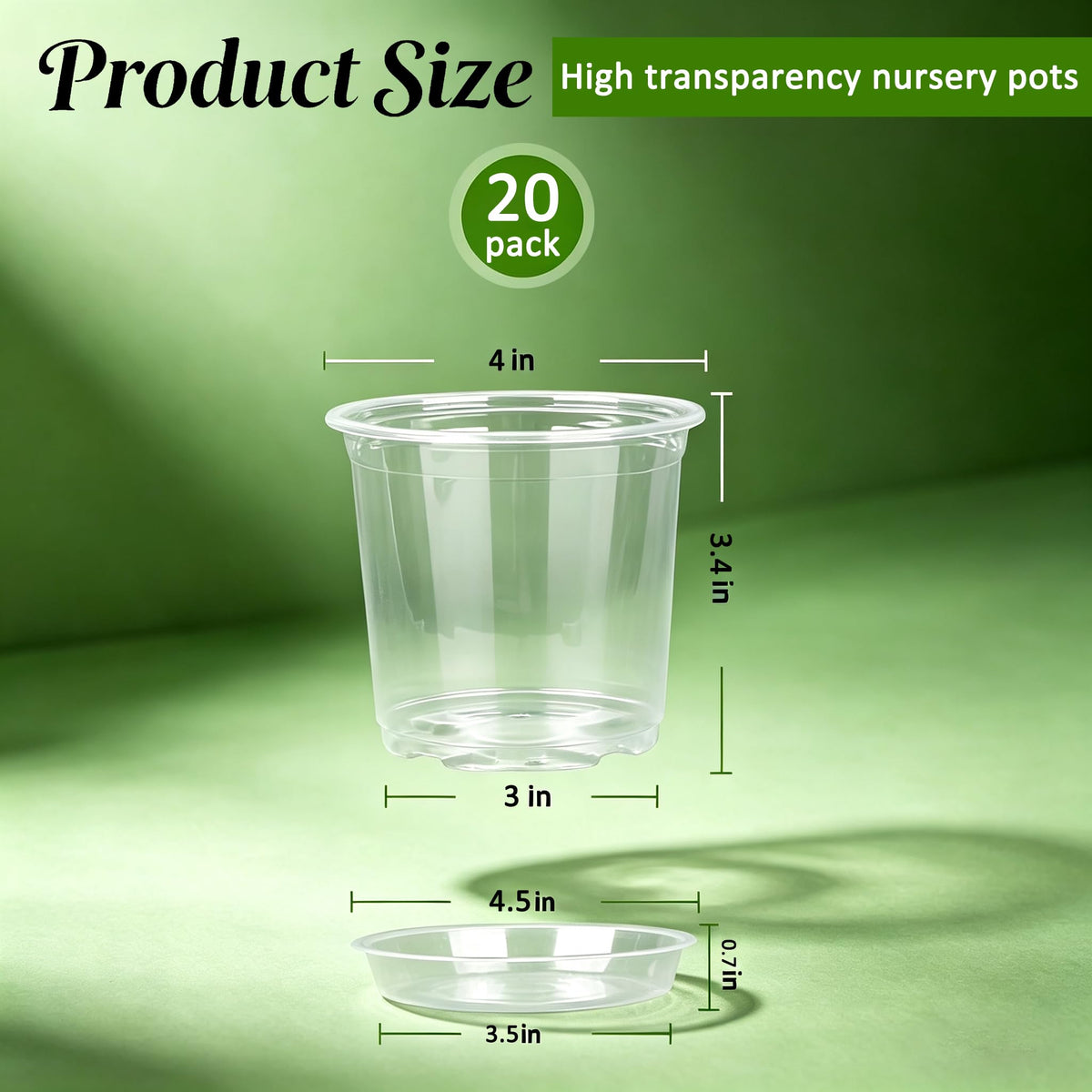 Frukwoc 4 Inch Clear Nursery Pots with Saucers 20 Pack, Plastic Flower Pots with Drainage Holes