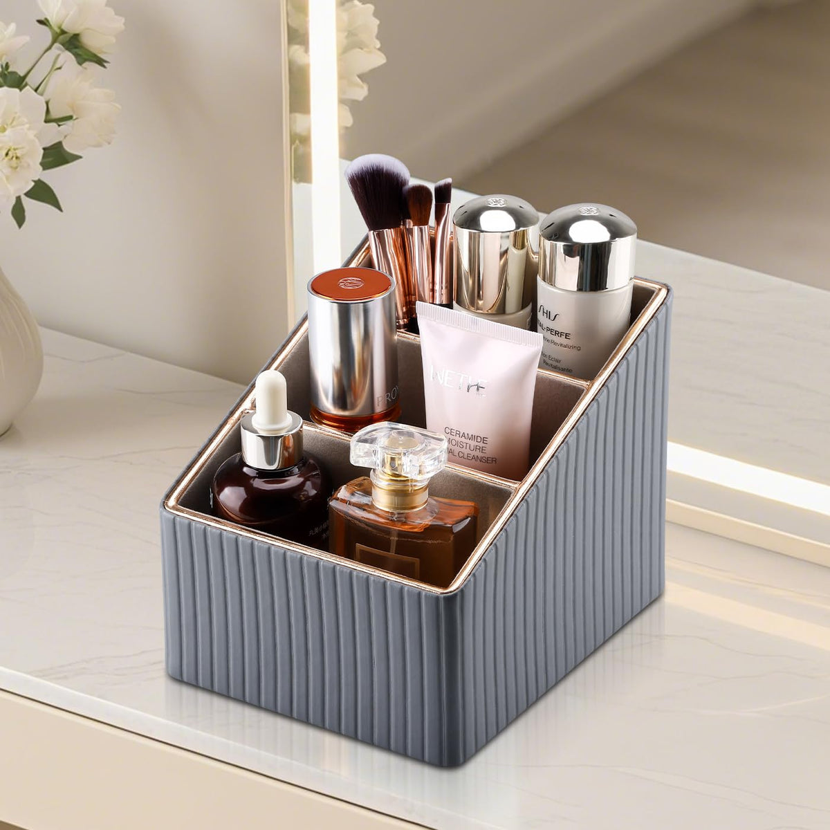 KINGFOM 3 Slot PU Leather Remote Controller Holder, Home Sundries Storage Box, TV Guide/Mail/CD Organizer/Caddy/Holder with Free Cable Desk Organizer (Grey)