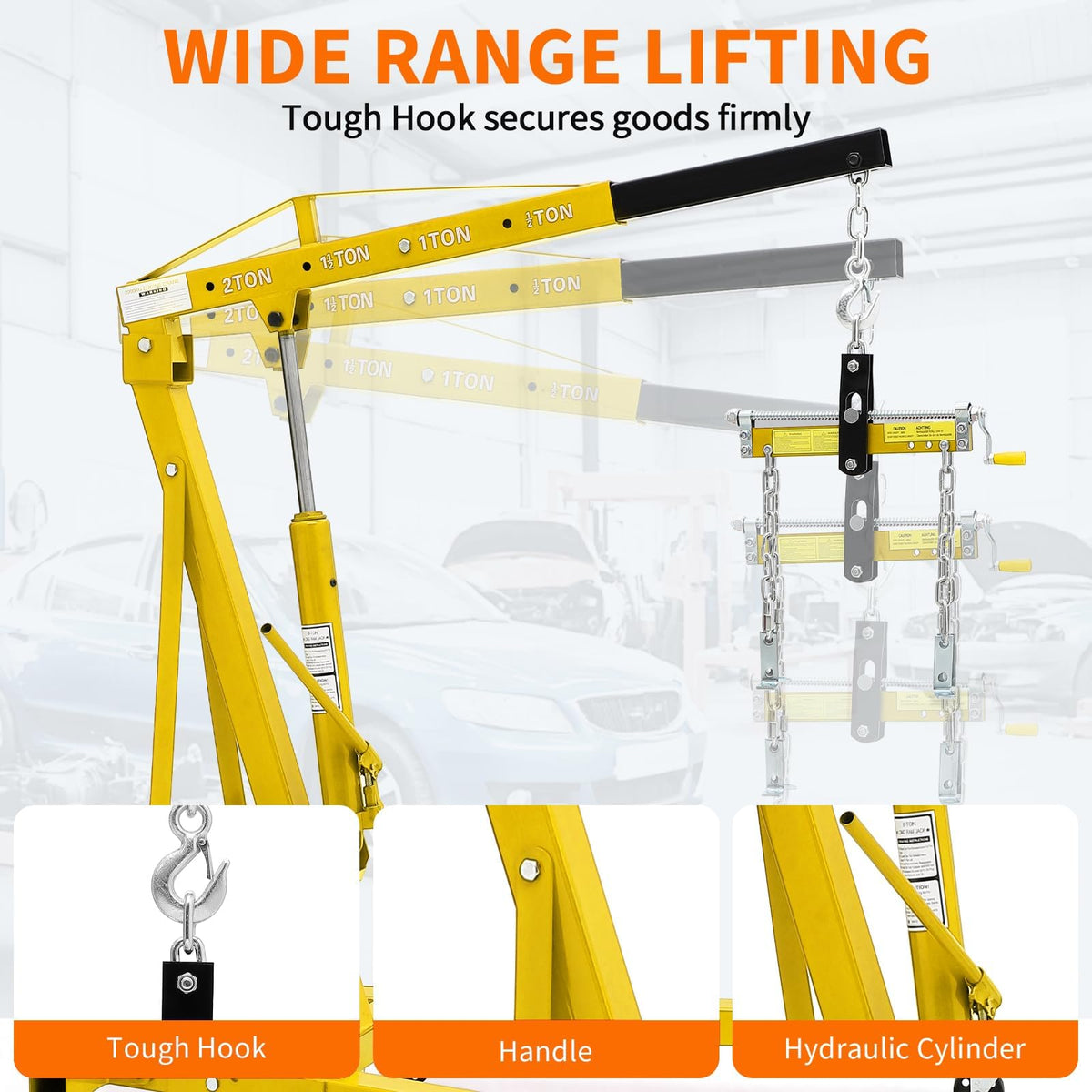 2 Ton Folding Hydraulic Engine Hoist with Load Leveler 4400 LBS Capacity Heavy Duty Cherry Picker 6 Swivel Wheels&Hydraulic Pump Adjustable Boom (0.5T-2T) for Garage Workshop Warehouse Yellow