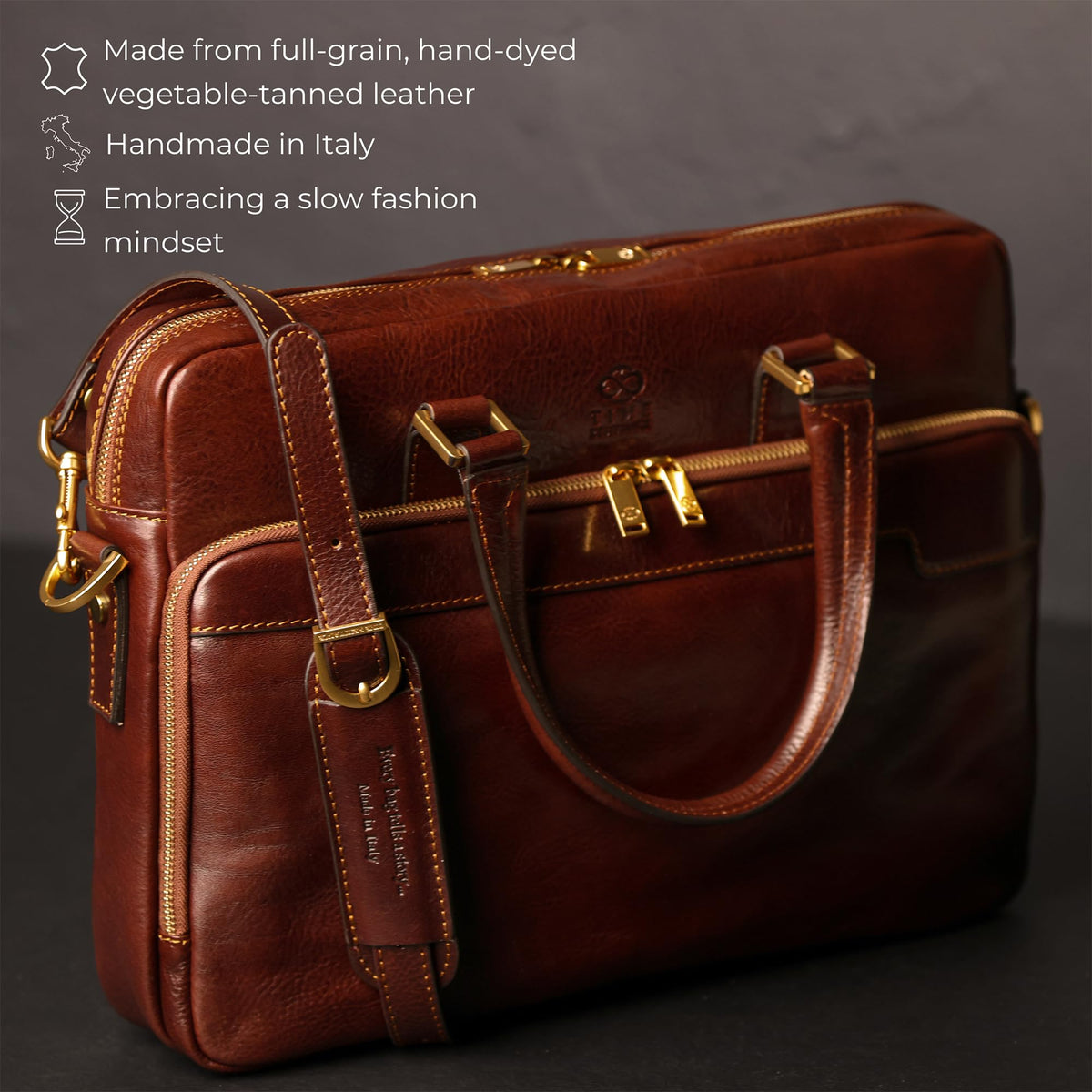 Time Resistance Leather Briefcase - Italian Handmade Leather Laptop Bag - Work Bag for Men and Women - Computer Briefcase