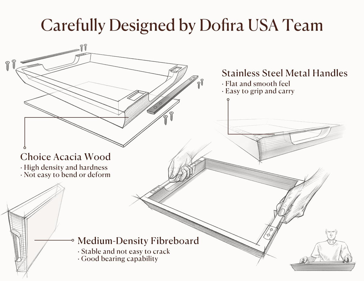 Dofira Acacia Wood Serving Tray with Metal Handles, 17x13in Large Ottoman Tray, Food Drinks Tray for Coffee Table, Breakfast, Dinner & Bar, Rustic Decorative Tray for Kitchen, Bedroom Gift Box