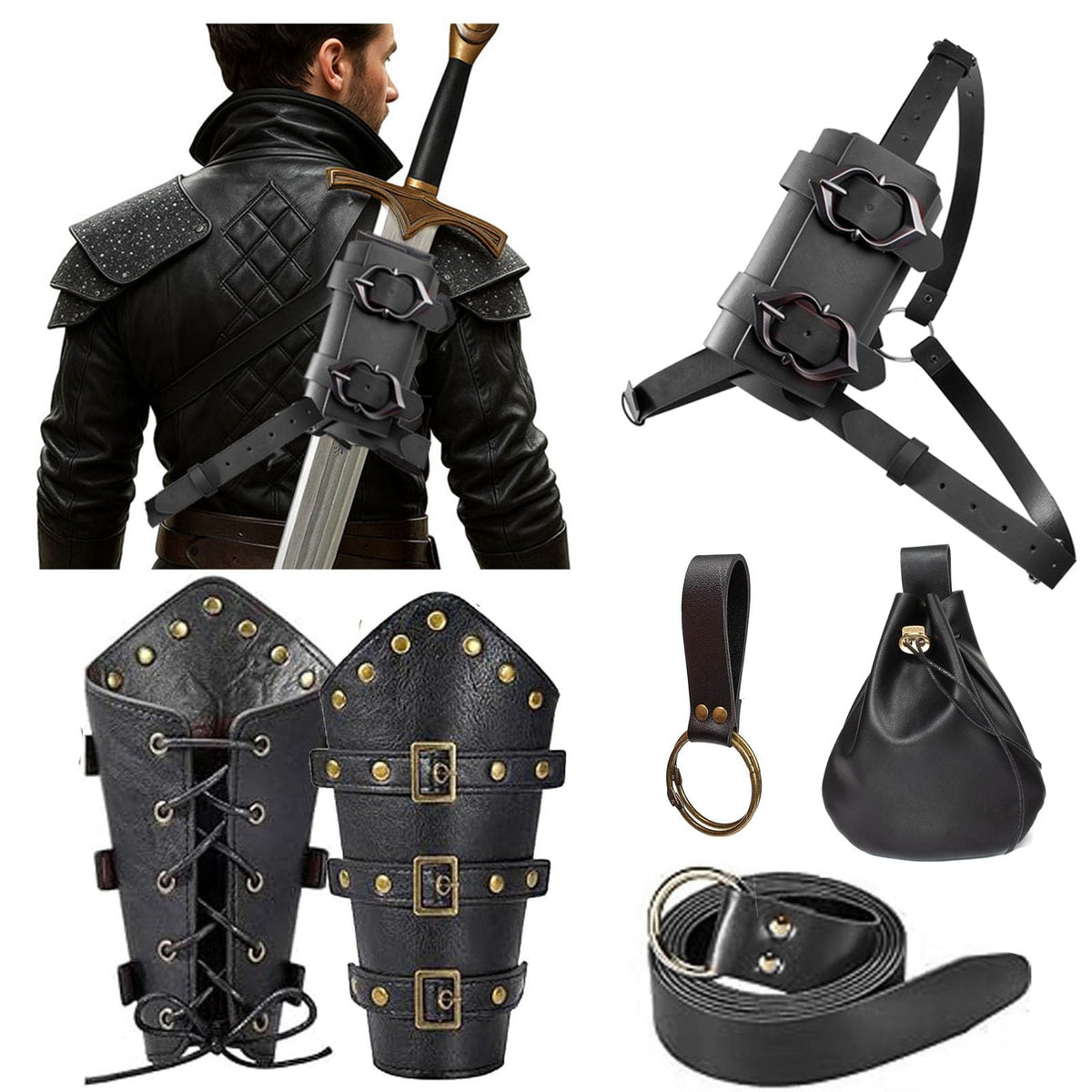 Medieval Back Sword Frog Holder Bracers Belt and Belt Pouch Viking Warrior Costume Renaissance Accessory Cosplay Props (Black)