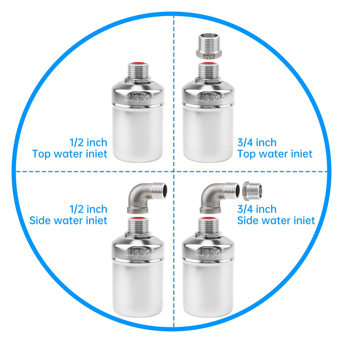 2 Pack Water Float Valve,1/2" to 3/4'' 1'' 304 Stainless Steel Fully Automatic Water Level Controller Float Valve