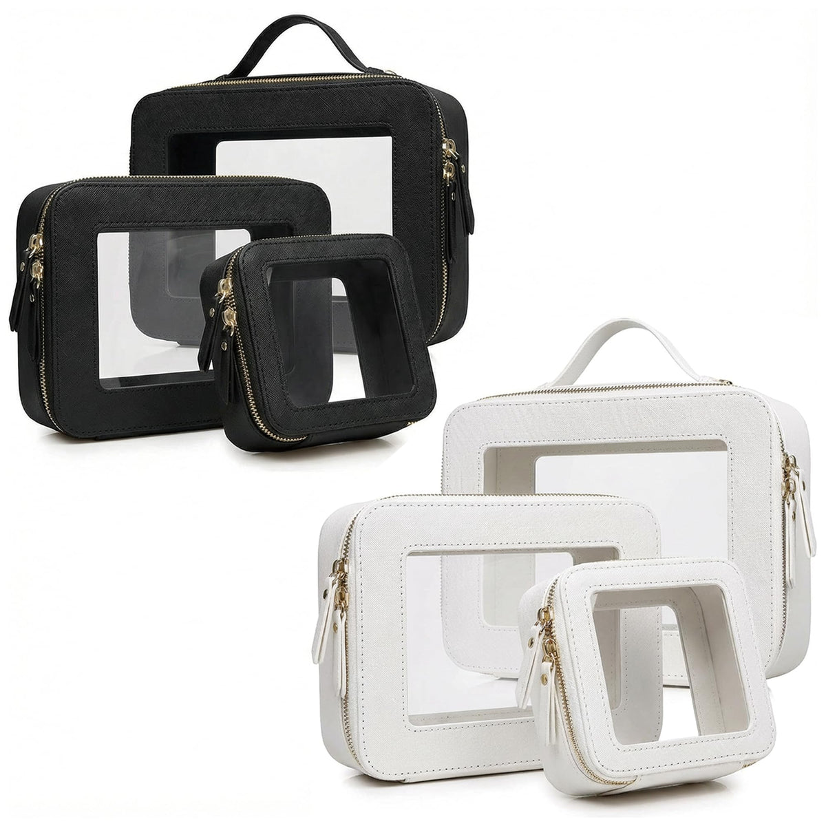 LAZYTAIL Makeup Bag | Transparent Toiletry Bag | Portable Waterproof Makeup Storage Bag | Travel-Specific Skincare Storage Bag | 2 Sets, L+M+MINI (White+Black)