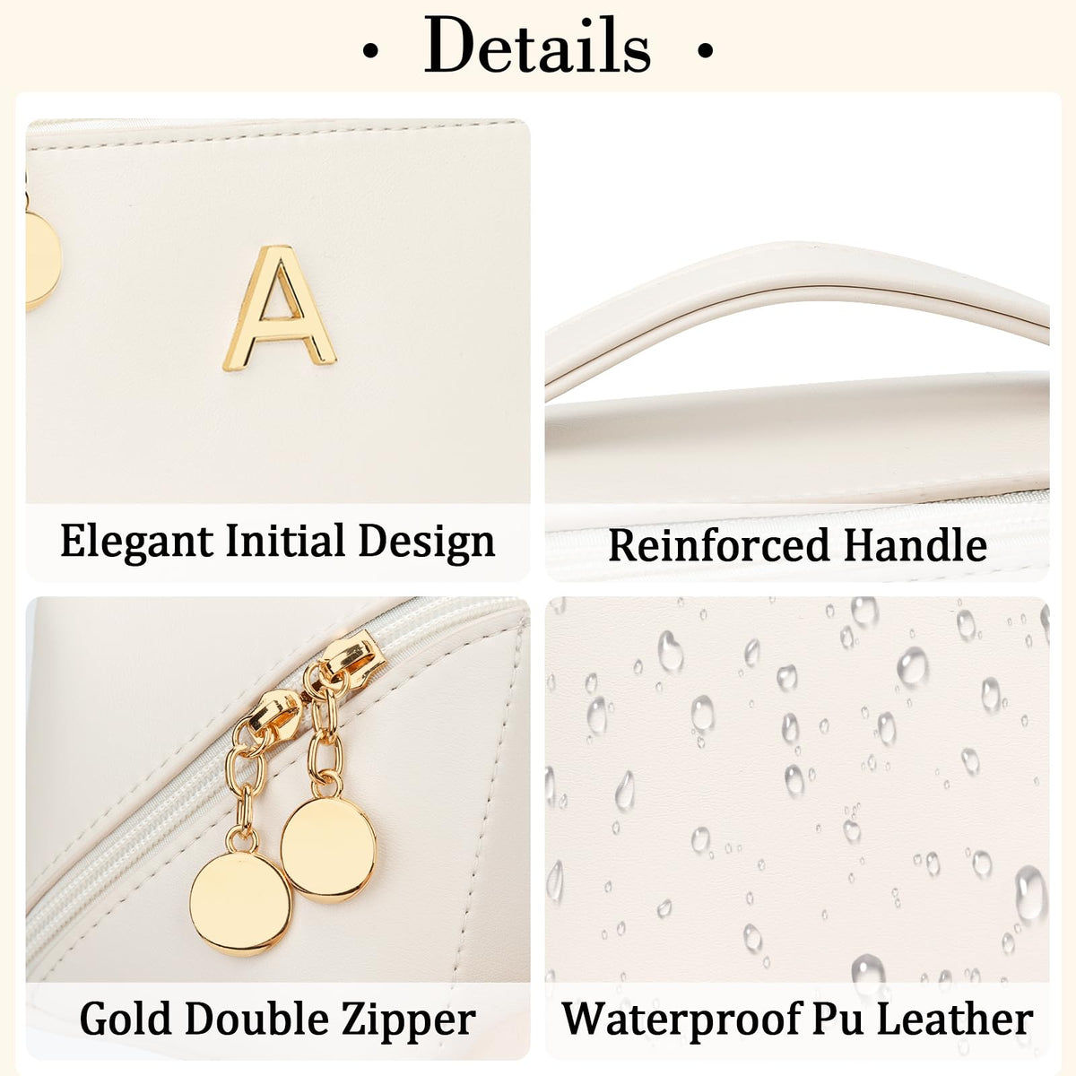 CLOUDWINGS Initial Makeup Bag Gifts for Women Bridesmaid Gifts Travel Toiletry Personalized PU Leather Waterproof Cosmetic Bag (Medium-Beige-A)