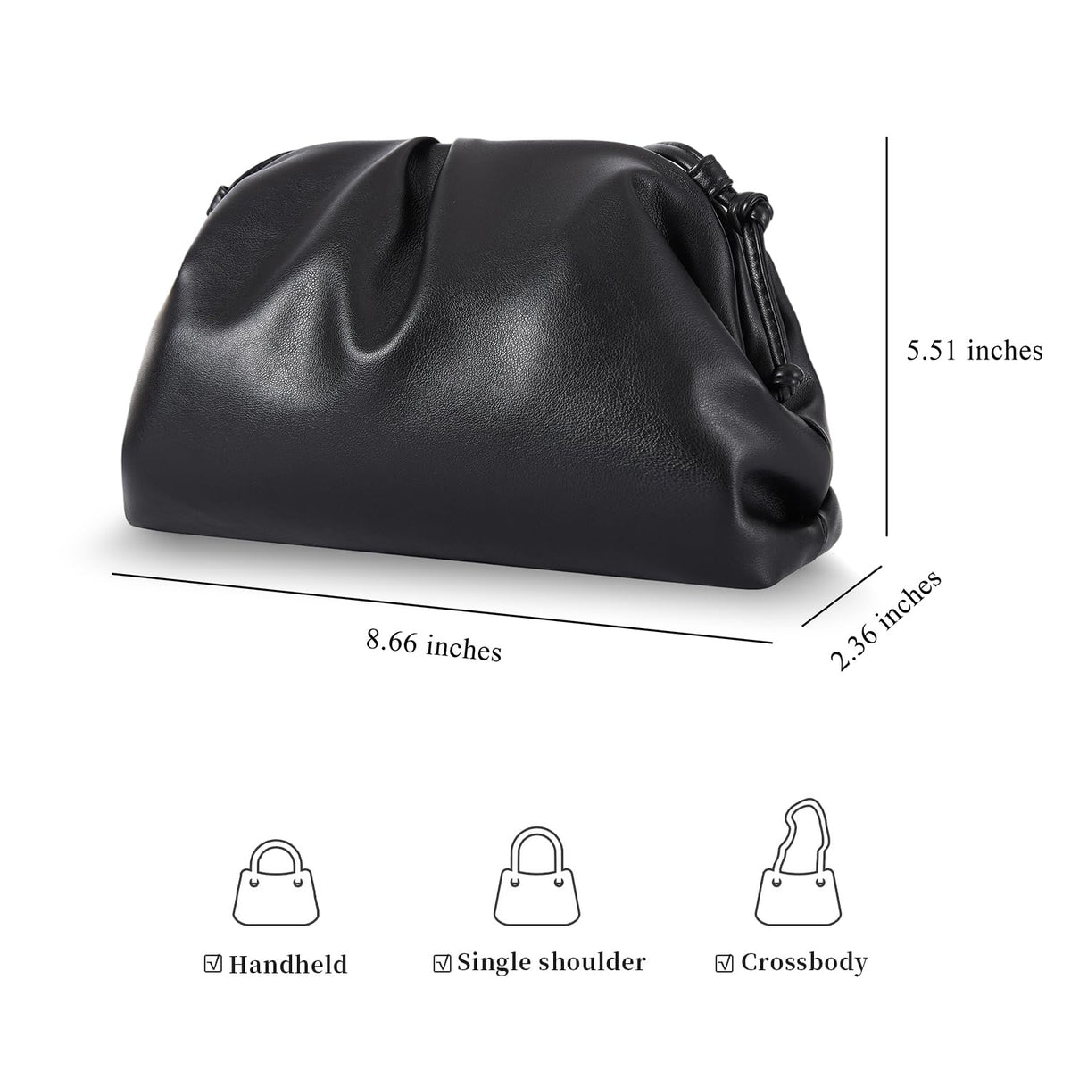BRYCTSISEN Elegant Vegan Leather Clutch Bag for Women Dressy Pleated Cloud Dumpling Purse Super Soft PU Evening Handbag (Black, Small)