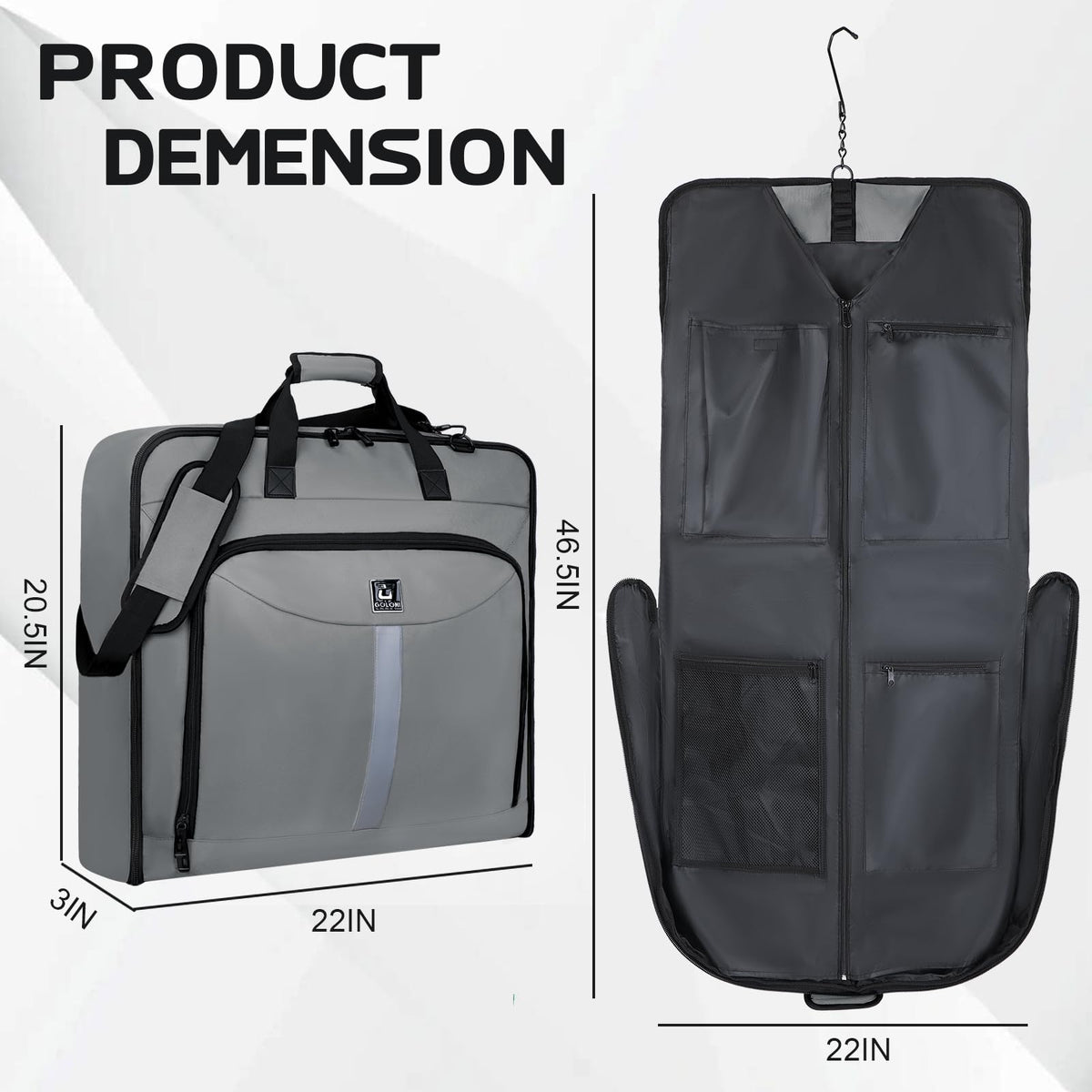 Goloni Garment Bag Suit Bag for Travel & Business, Hanging Shoulder Garment Cover, Foldable Waterproof Clothes Protector for Suit Jacket Dress Coat Wardrobe Storage Grey