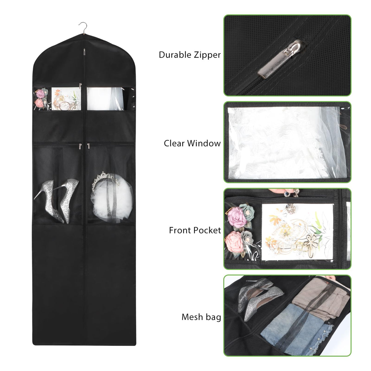 KEEGH Wedding Dress Garment Bag, 72” Tri-fold Bridal Dress Bags for Gowns, With Accessory Pockets and Adjustable Buckle Dress Cover for Wedding/Prom/Travel/Closet Storage (Black)