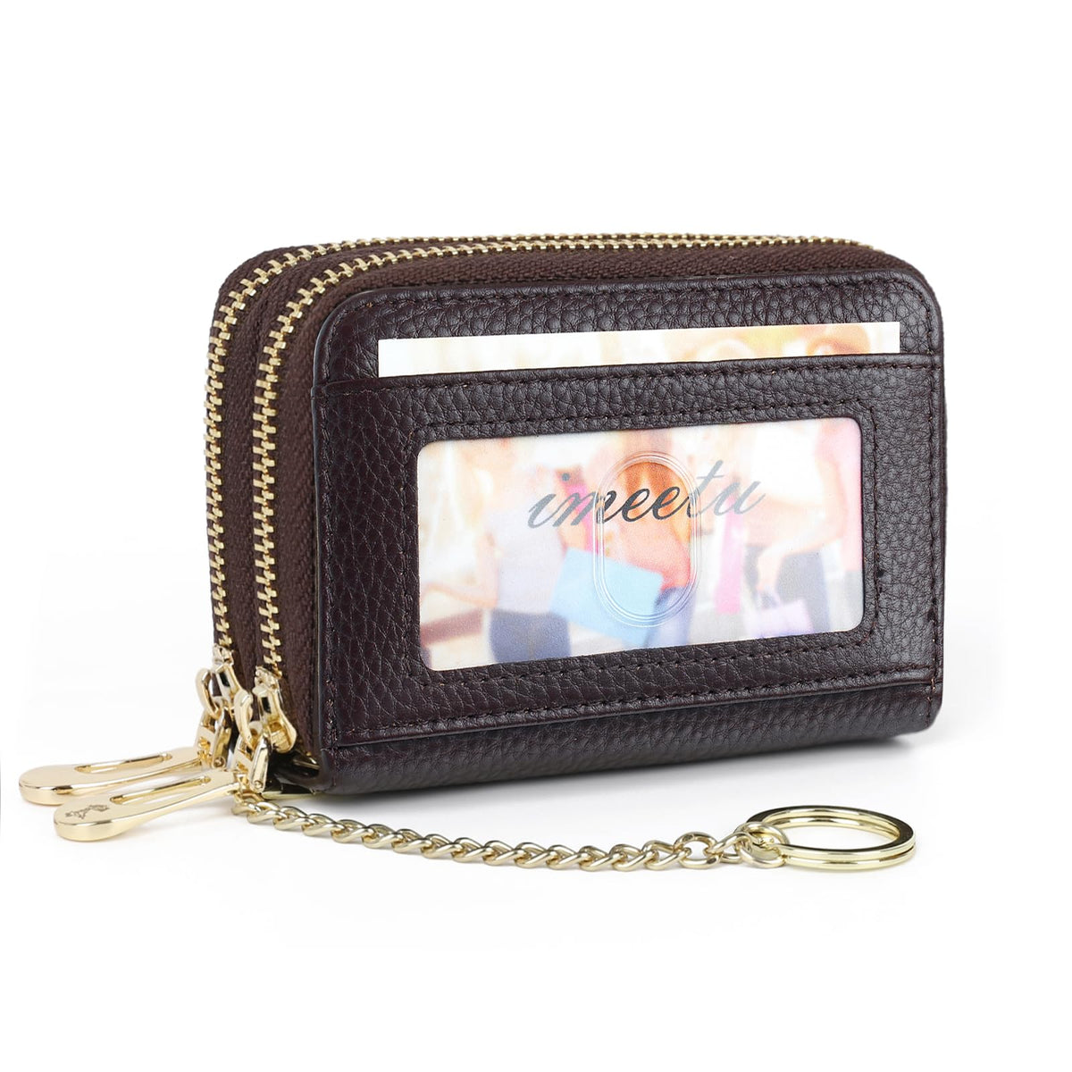 imeetu RFID Credit Card Wallet, Genuine Leather Zipper Card Case Holder with Removable Keychain(Max - Coffee)