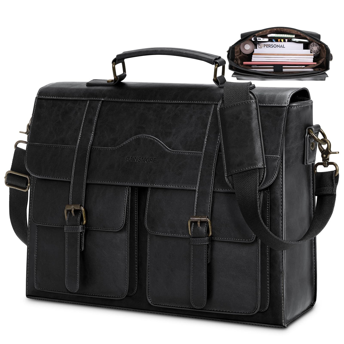 RAINSMORE Mens Messenger Bag 17 Inch Vintage Leather Laptop Briefcase Magnetic Closure Large Satchel Computer Shoulder Bag for Office Travel College, Black