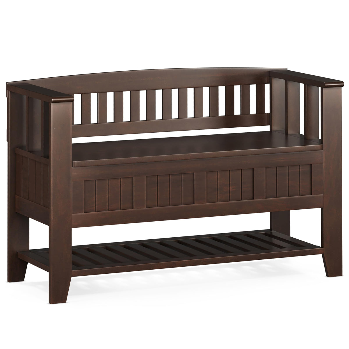 SIMPLIHOME Acadian Entryway Storage Bench - 48 inch Wide Solid Wood Hallway Seat with Shelf in Brunette Brown, Transitional Bench for Entryway or Living Room with Open Storage and Slatted Bottom