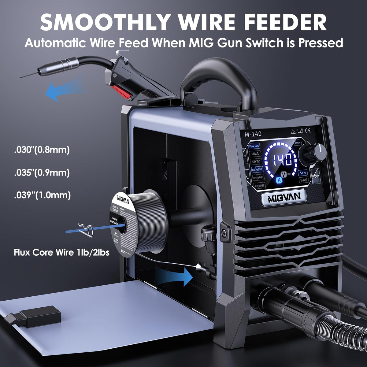 140A MIG Welder, MIGVAN 110V Flux Core MIG/Stick/Lift TIG 3 in 1 Welding Machine with Large LED Digital Display, IGBT Inverter Portable Gasless Welder with Welding Gun and Flux Core Wire