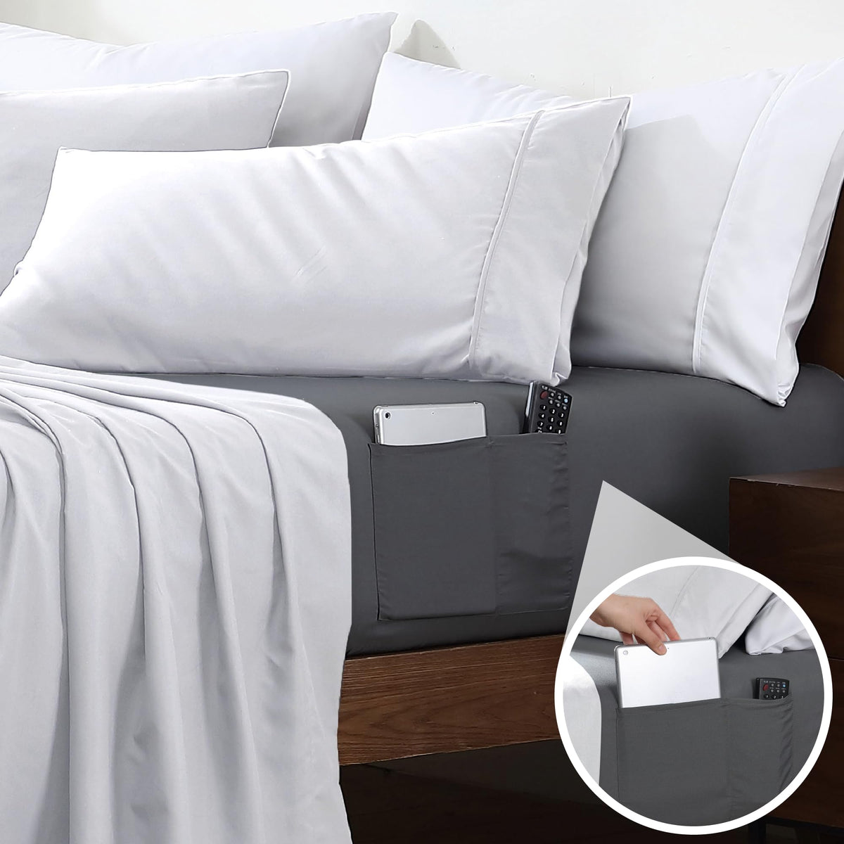 Cathay Home Queen Fitted Sheet with Double-Sided Pockets - 14" Deep Pocket Microfiber Sheet, Double Brushed Ultra Soft Bed Sheet, Wrinkle & Fade Resistant, Grey