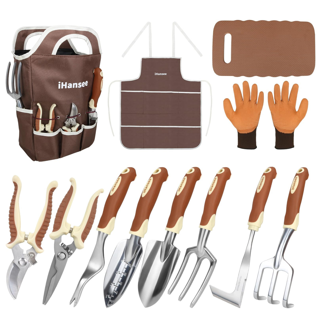 Brown Gardening Tools Set 12-Piece, Garden Hand Tool Kit with Non-Slip Ergonomic Handle, Storage Tote Bag, Garden Apron, Gloves and Kneeling Pad, Gardening Gifts for Women Men Plant Lover