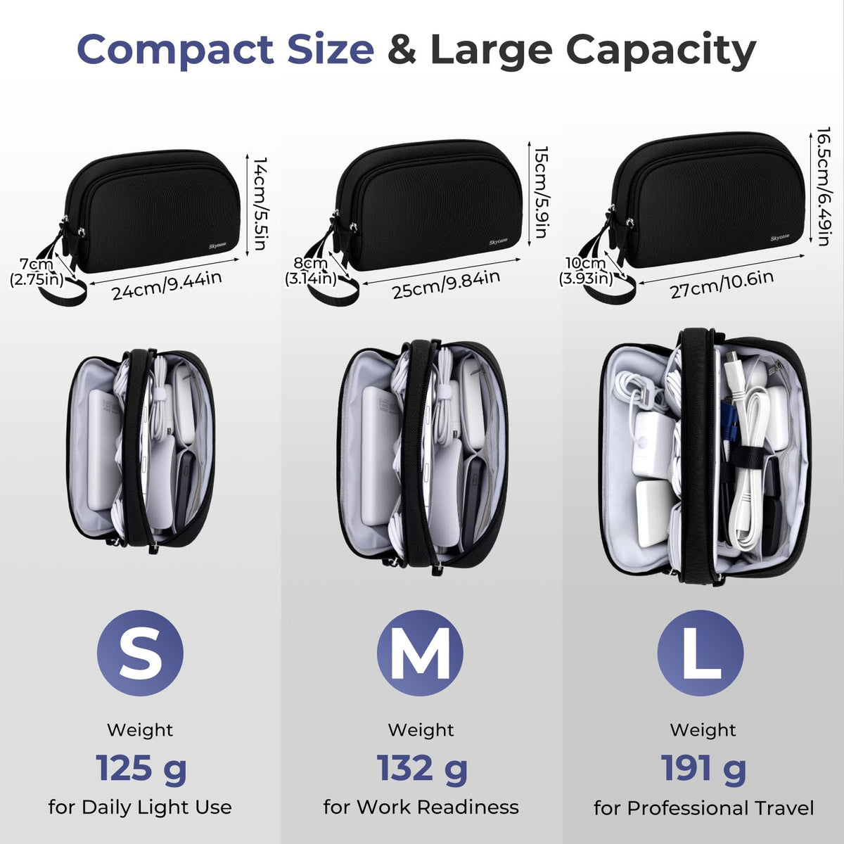 Skycase Travel Cable Organizer - Lightweight Water Resistant Dual-Layer Tech Pouch with Wrist Strap 10 Compartments Electronic Organizer Travel Case for Charger Cord Hard Drive,Medium,Black