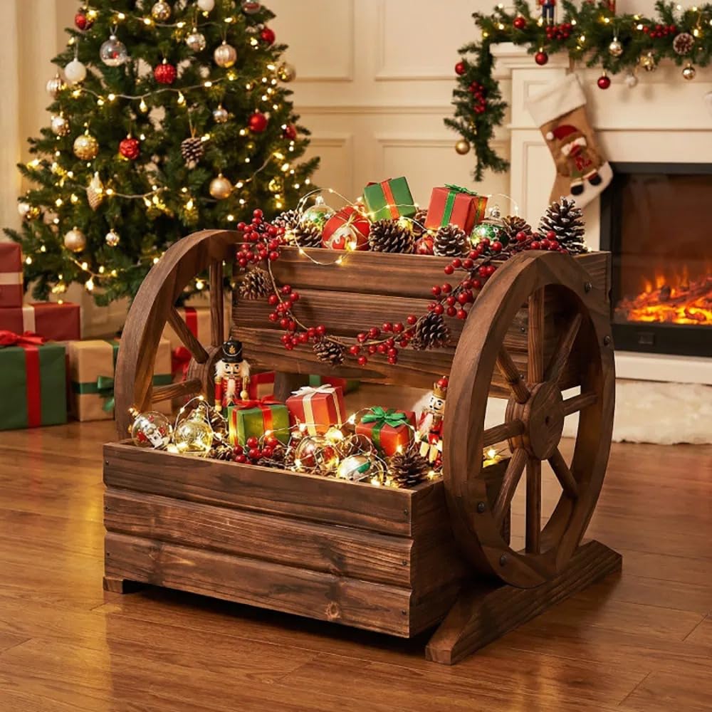 Piler Rustic 2-Tier Wooden Wagon Planter, Carbonized Fir Wood, Coffee Color, Raised Garden Bed with Wagon Wheel Design, 18 x 17.5 x 14 Inches, for Flowers, Herbs and Vegetables