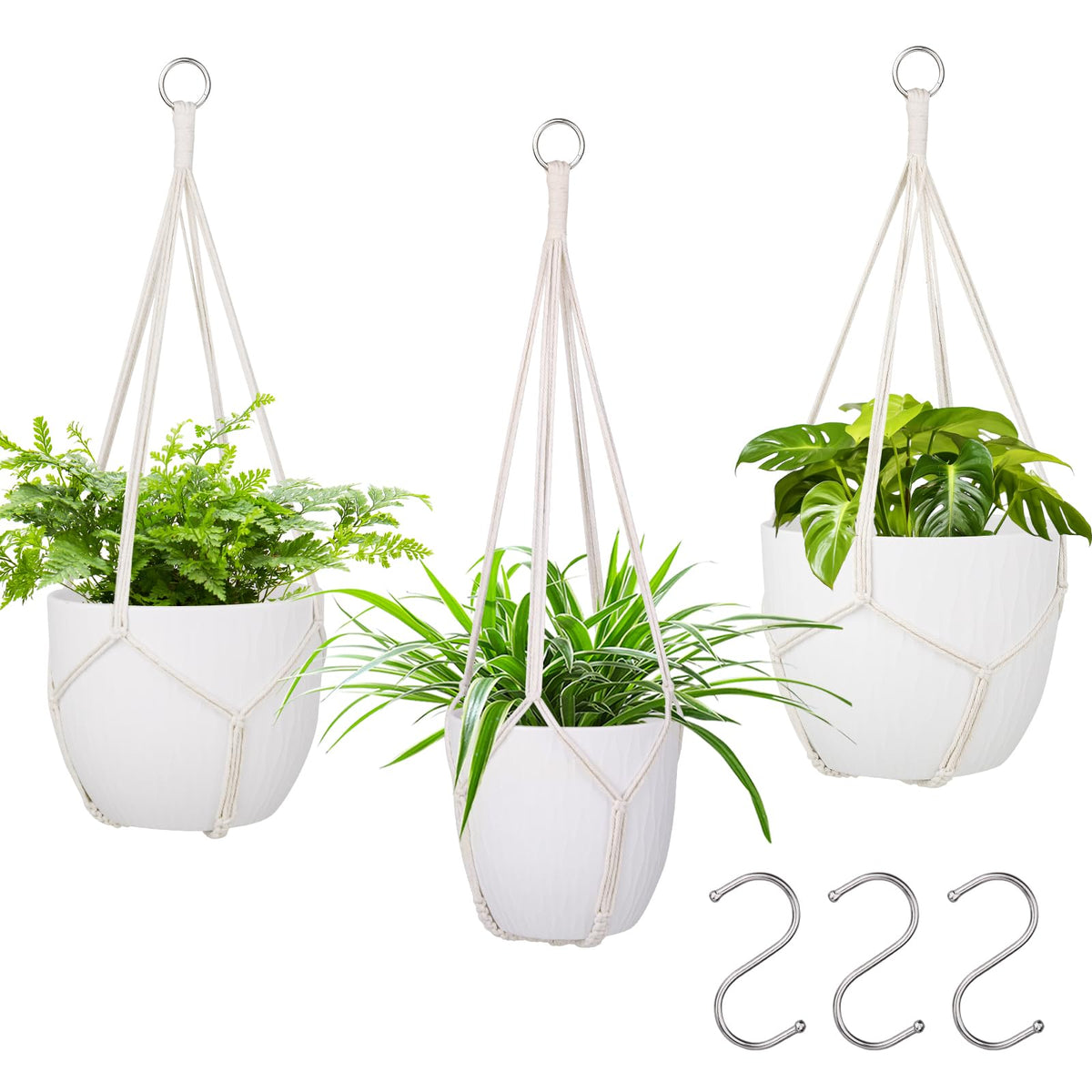 garini 3 Pack Different Size Macrame Plant Hanger,Hanging Plants Holder with 3 Hooks for Boho Home Decor(POTS NOT Included)