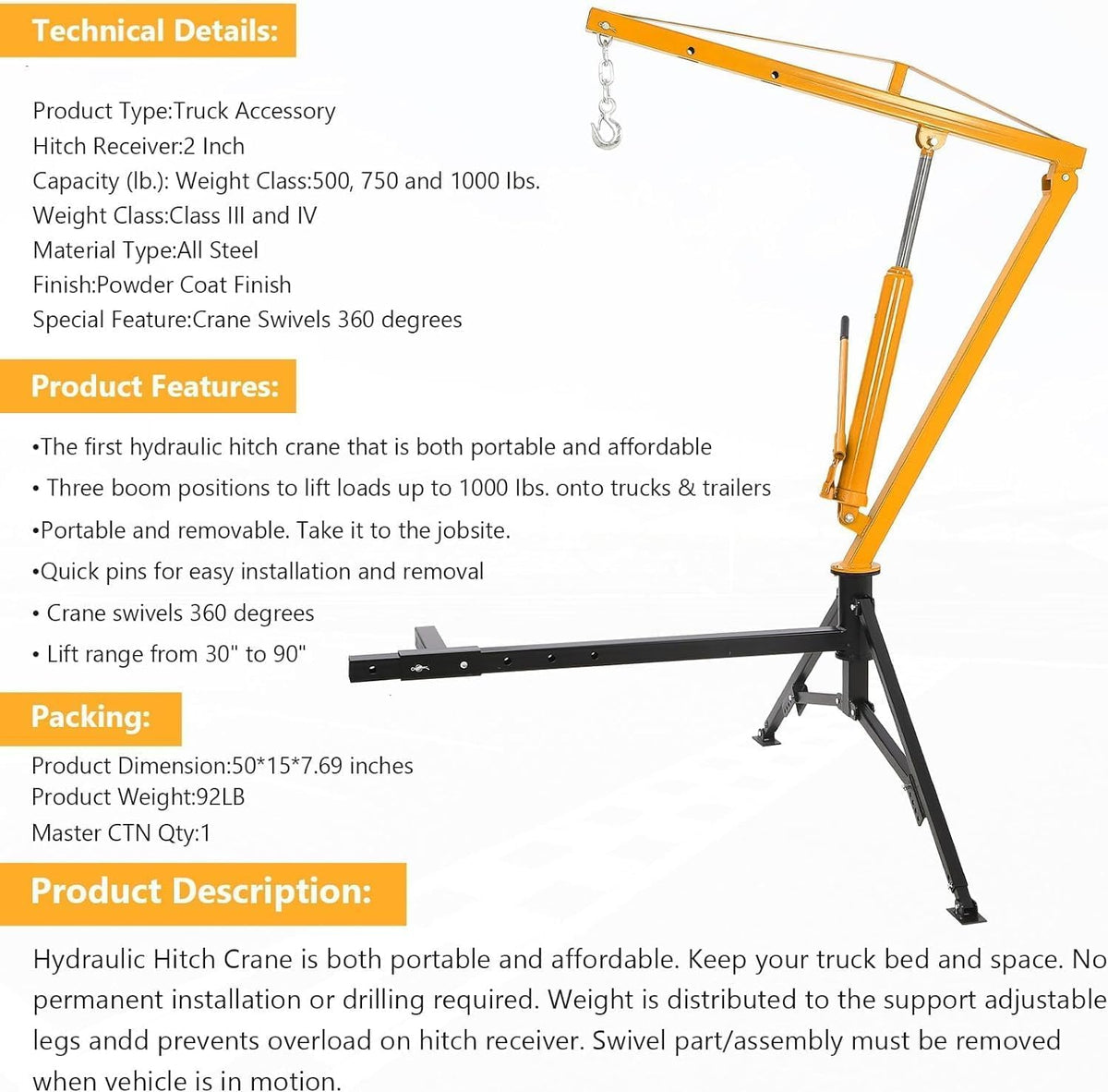 EliteEdge 1000 LBS Hydraulic Pickup Truck Crane, 360° Swivel Hitch Mounted Hoist with 3 Adjustable Booms, Truck Bed Crane for Lifting Engine, Deer, or Construction Goods