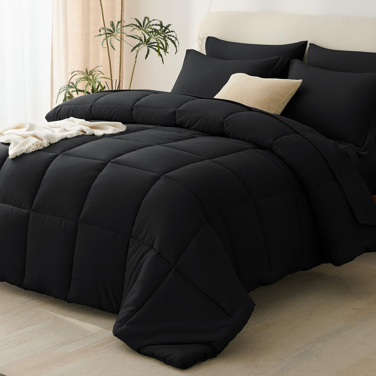 CozyLux Queen Comforter Set Black - 7 Pieces Bed in a Bag Queen, Oeko-Tex Certified Bedding Set, All Season Soft Bed Set with Down Alternative Comforter, Sheets, Pillowcases & Shams