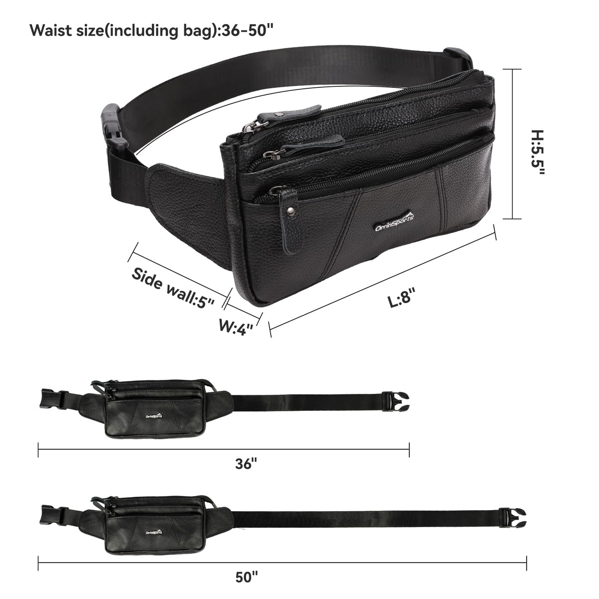 Leather Fanny Pack for Men Women,Genuine Leather Waist Belt Bag with Adjustable Strap Belt Hip Bag with Multi-Pockets for Travel Sports Running Cycling Hiking(Black)