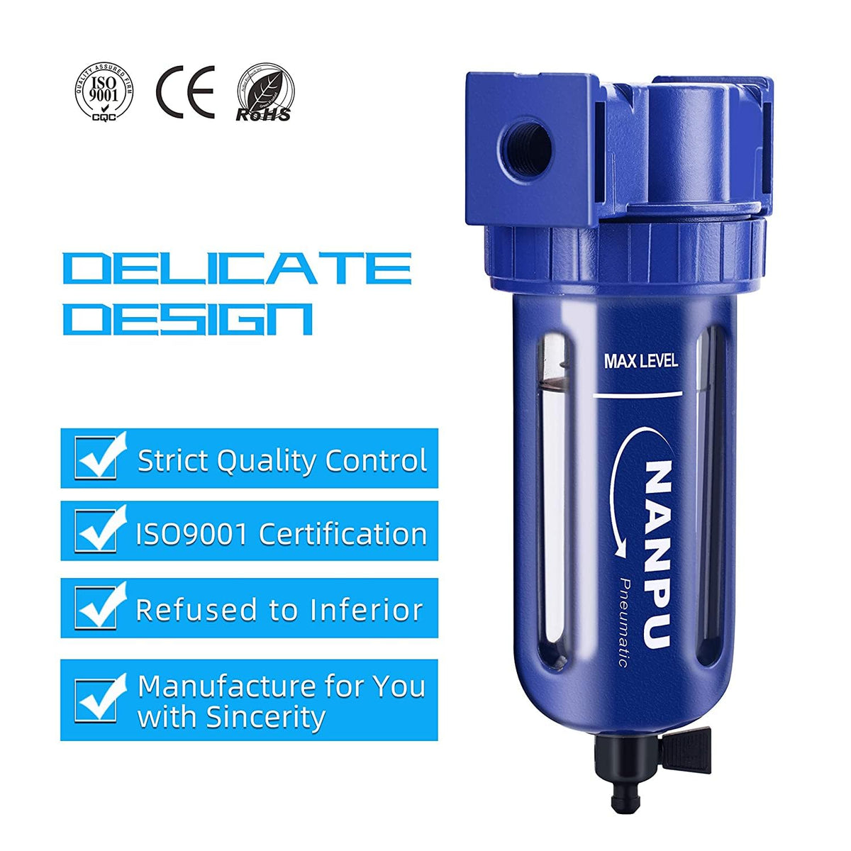 NANPU 3/8" NPT Compressed Air Filter, Zinc Alloy, 5 Micron Brass Element, Quick Release Bowl, Manual Drain, for Air Compressor ＆ Pneumatic Tools