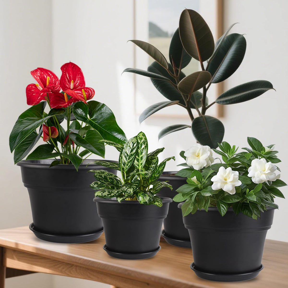 Myfeegoin 13-inch-Plant-Pots, 4 Pack Large Planters for Outdoor Plants, Plastic Flower Pots Indoor with Drainage Holes & Trays, Classic Garden Pot Container for House