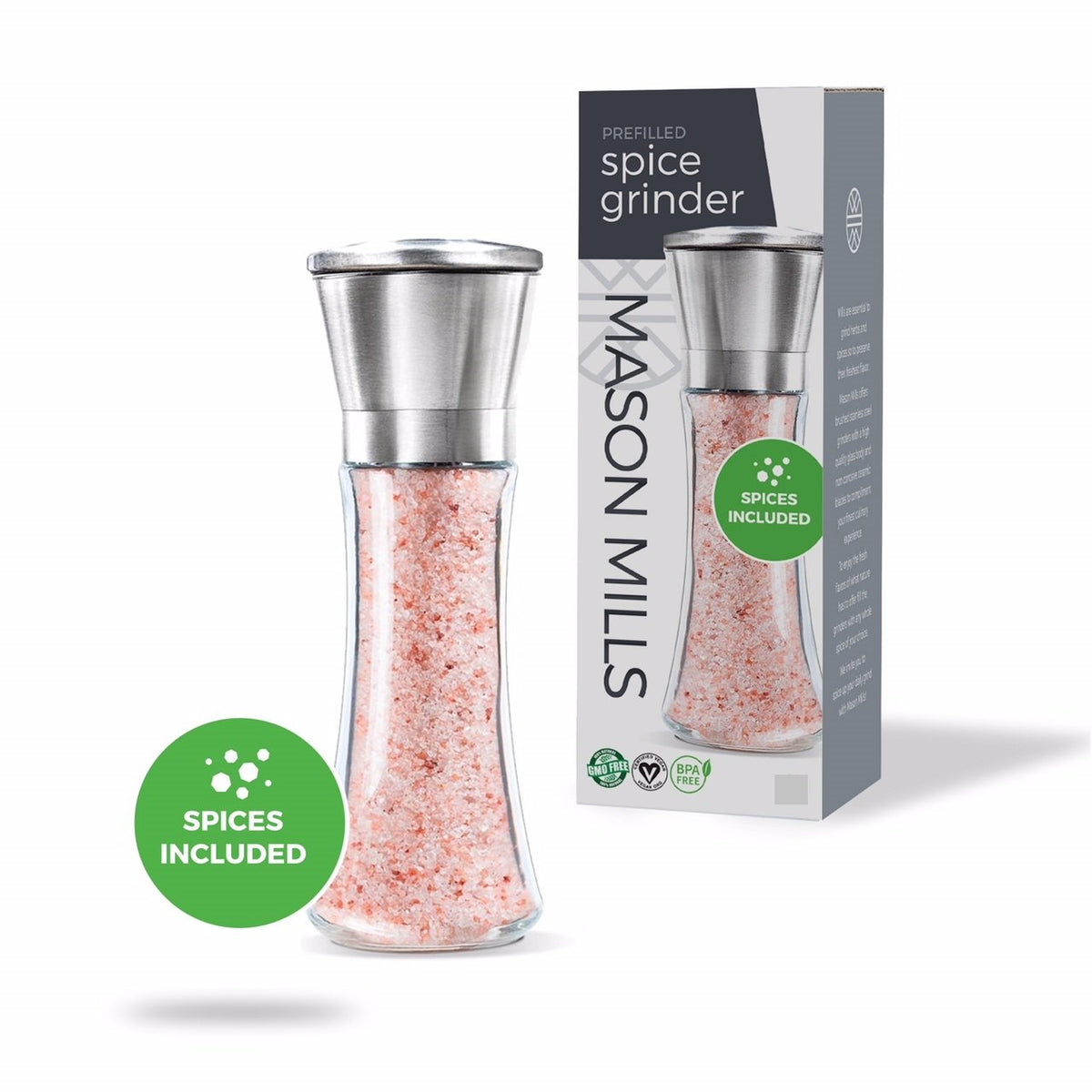 Prefilled Stainless Steel Salt and Pepper Grinder - Includes Pink Himalayan Salt - Glass and Stainless Steel Mill - Large Capacity Shaker - Top Loading Design by Mason Mills