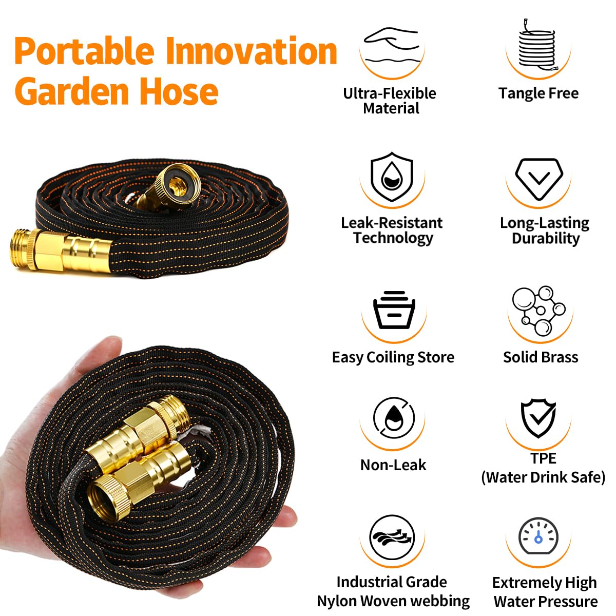 10FT Lightweight Flexible Garden Hose,Non-Slip Handles,Non-kink Hose,Solid Brass Fitting for Boats, RV Water Hose,Marine Washdown,Lawn,Garden,Leakproof TPE Hose (BlueBlack, 10 Ft)
