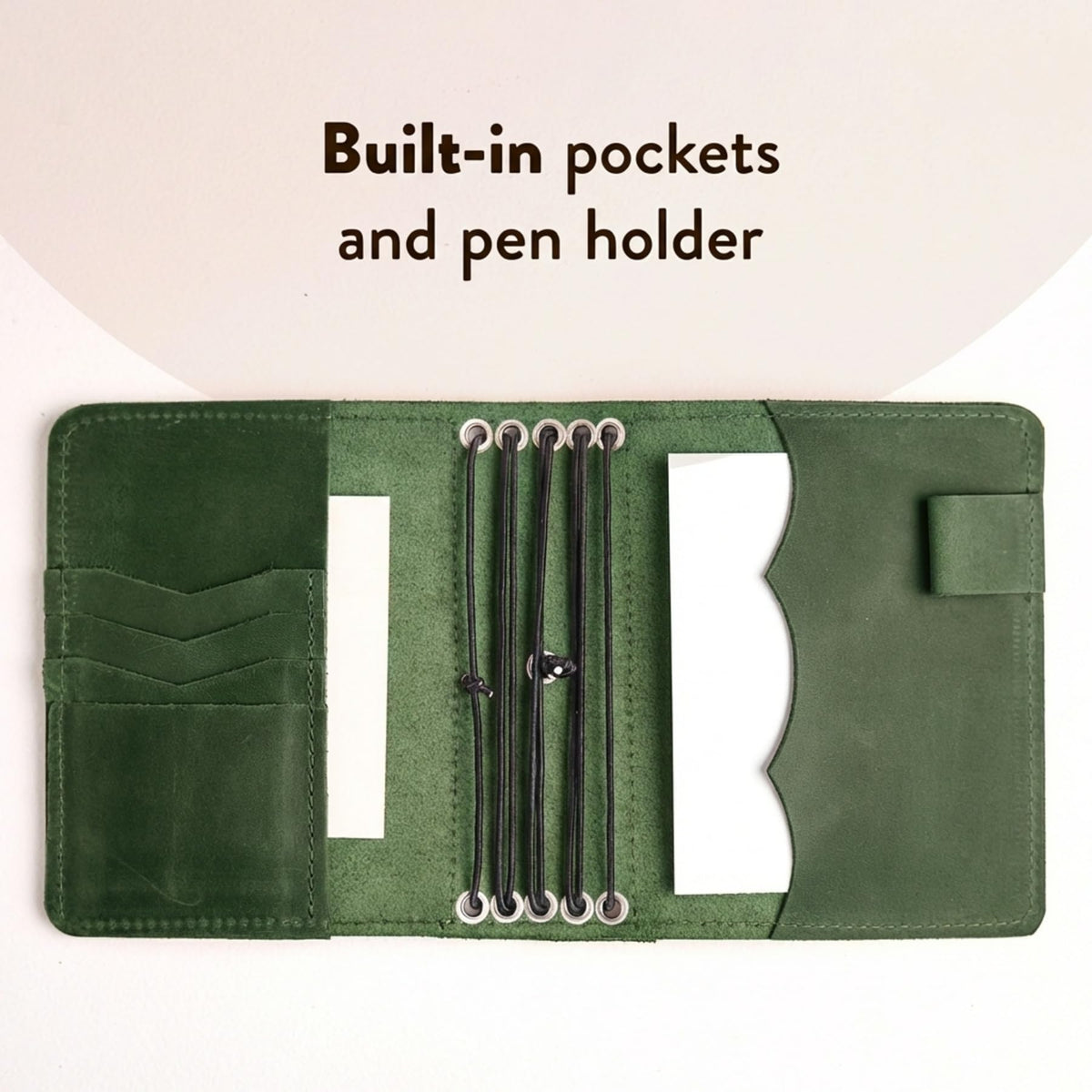 TORAKIP Travelers Leather Notebook Cover A6 – Refillable Leather Journal Cover with 5 Elastic Bands, Pen Holder & Pockets, Fits 4.1" x 5.8" Notebooks (Inserts Not Included), Green