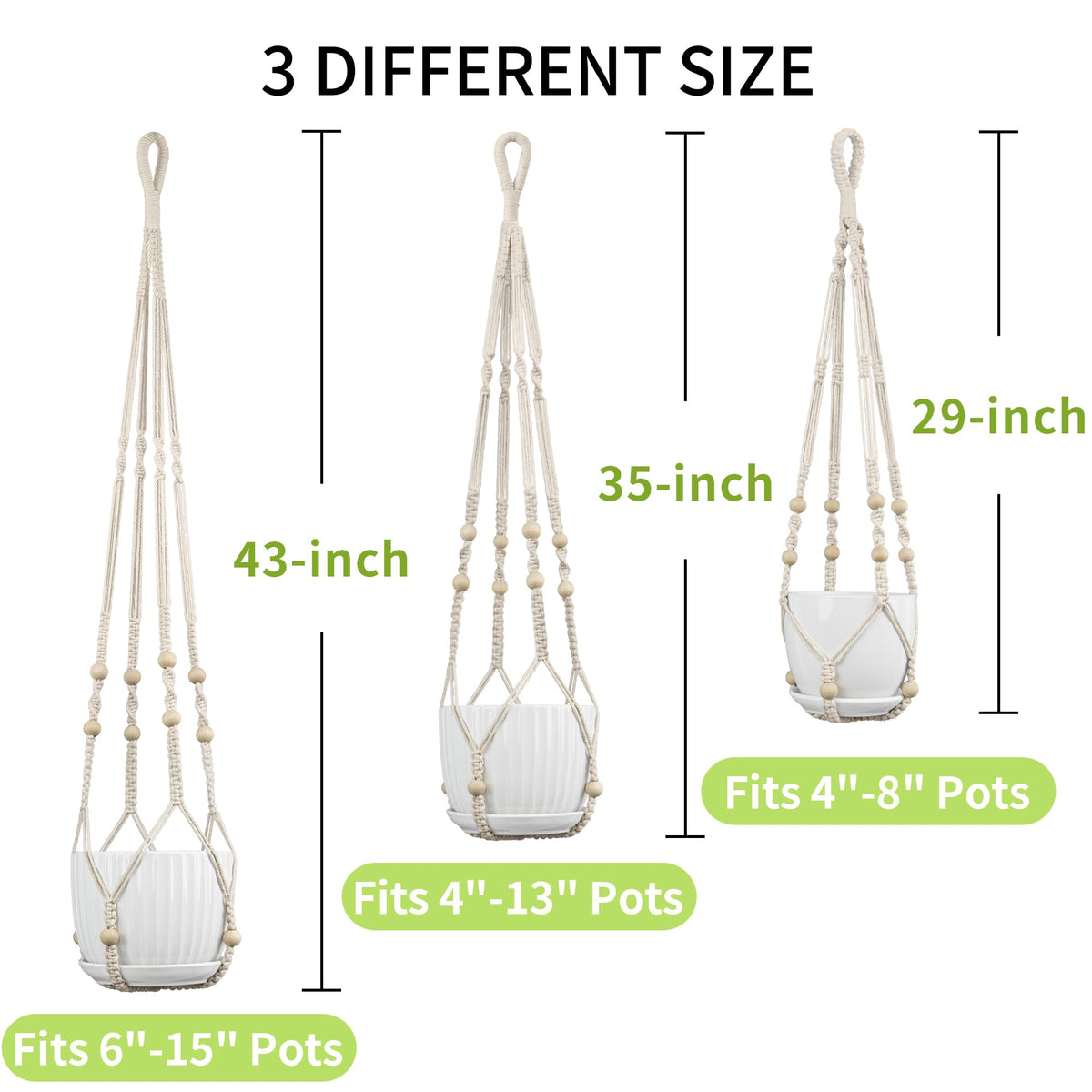 IDEEEPAN Macrame Plant Hanger - Fits 4 to 15 inches Pots for Indoor Outdoor, 43"/35"/29" Different Sizes Set, Ivory (POTS NOT Included)