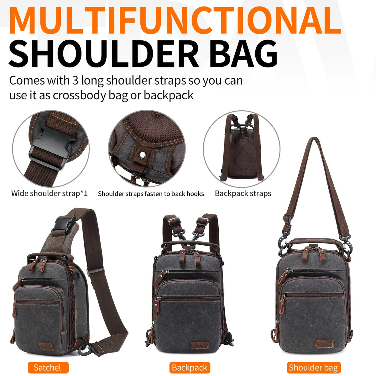 Nerlion Sling Bag for Men Waxed Canvas Crossbody Bag Chest Bag Shoulder Bag Casual Daypack for Travel (Gray)