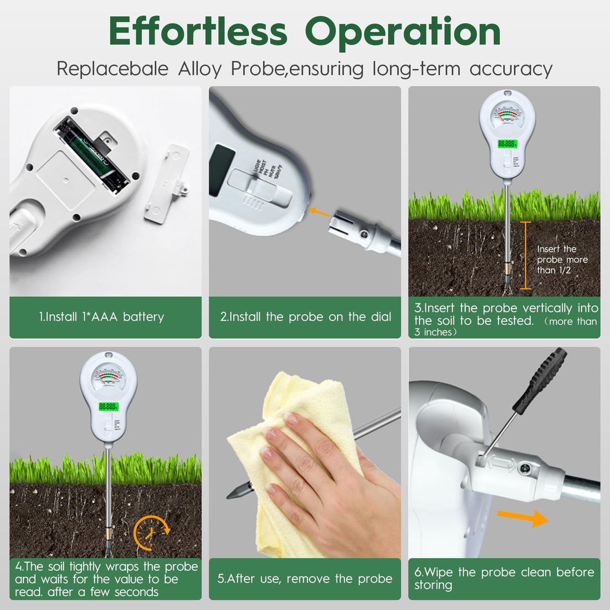 6-in-one Soil Test Kit-Soil Moisture Meter/PH Meter/Fertility/Sunlight Intensity Soil Tester, LCD Air Hygrometer&Temperature Moisture Meter for Plants-Garden, Lawn,Farm,2 Pack Detachable Probe