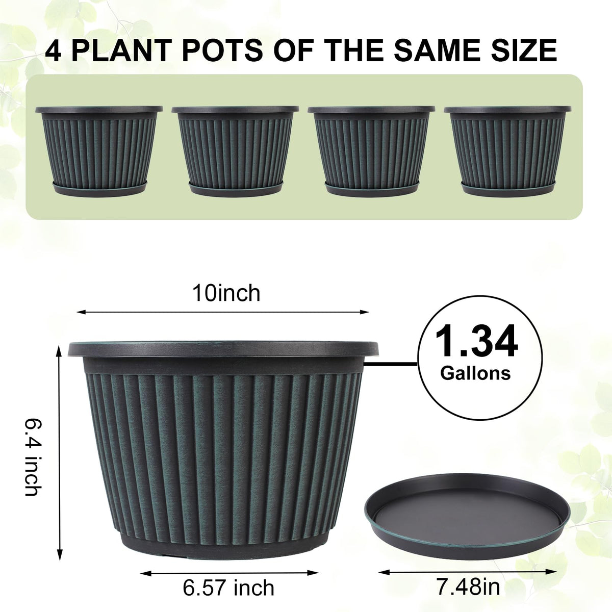 Myfeegoin Planter-Pots-for-Plants-Indoor-Outdoor, 4 Pack 10 Inch Plastic Flower Pots with Saucer & Drainage Holes, Modern Garden Planters for Planting Medium Large Plants，Decorative Resin Garden Pots