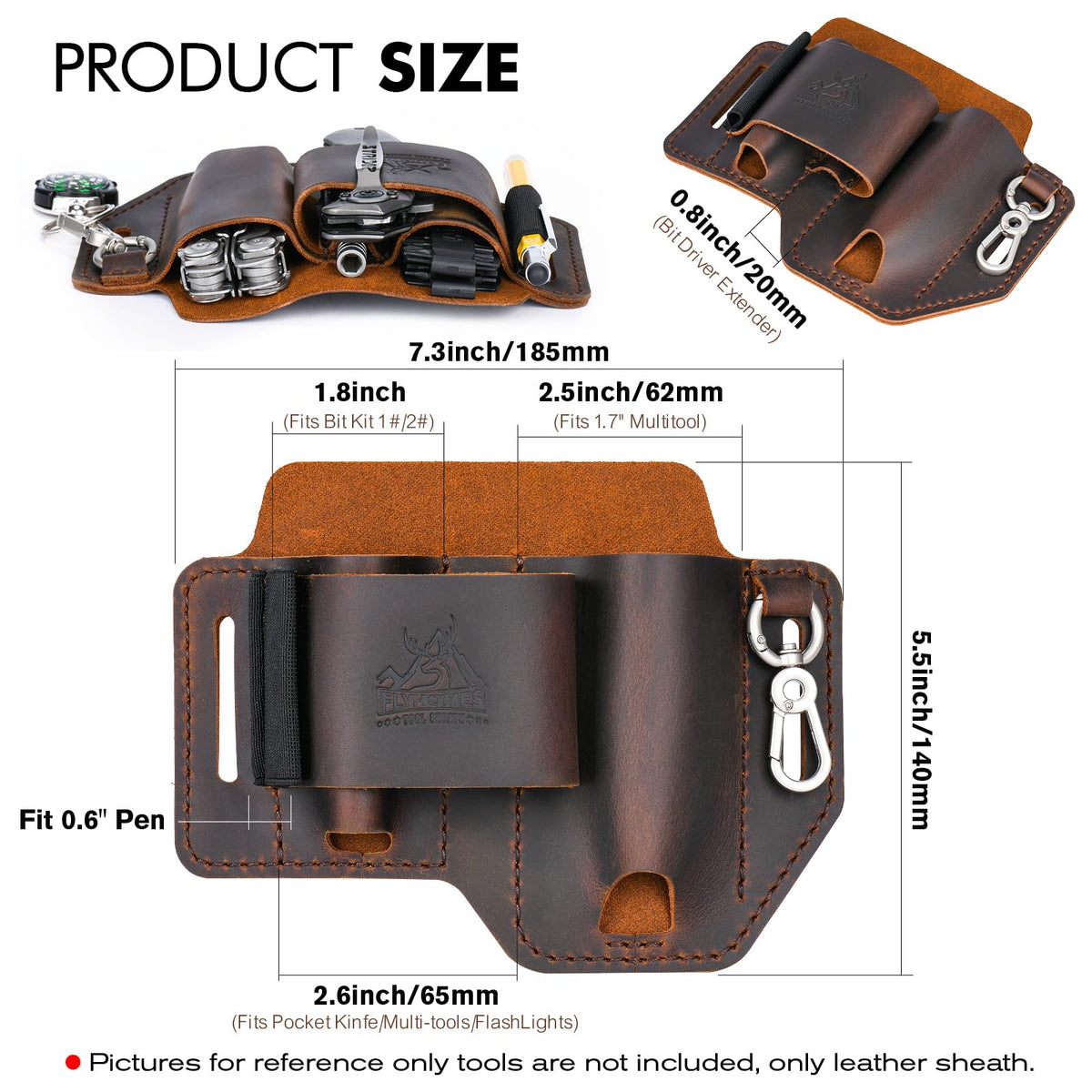FLYHOMES Genuine Leather Multitool Sheath | Handmade Stitched Belt Organizer for Leatherman Surge | Holds Bit Kit & Extender | Flashlight Holster, Pen & EDC Tools Pouch | Dark Brown